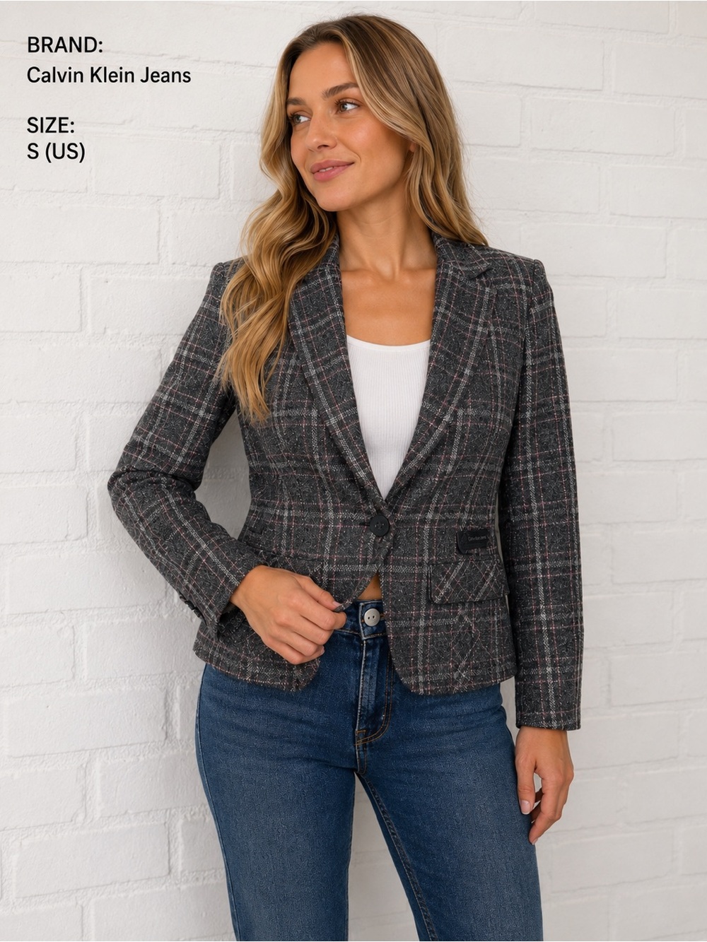 Calvin Klein Jeans Women’s Small Gray Pink Plaid Tailored Blazer Jacket academia